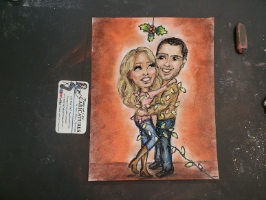 funny Christmas couple caricature tangled lights hugging